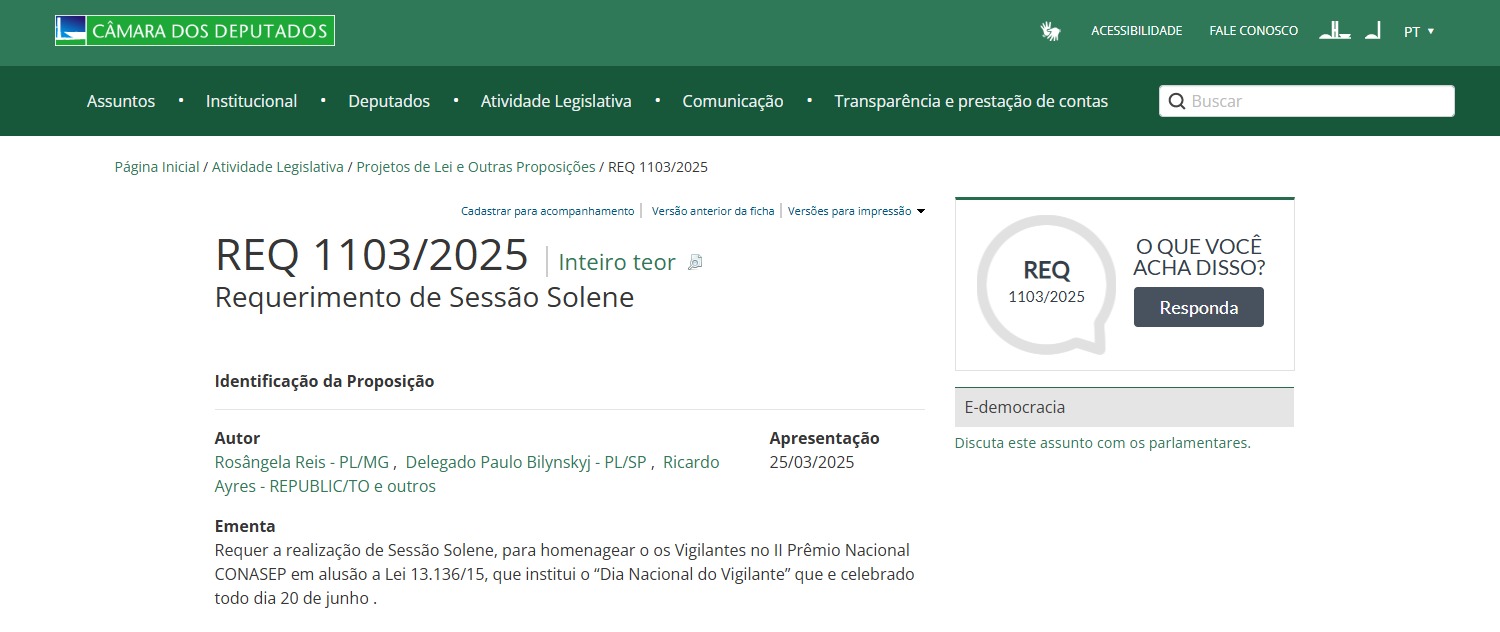 Câmara dos Deputados Avalia Requerimento para Sessão Solene em Homenagem aos Vigilantes