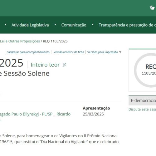 Câmara dos Deputados Avalia Requerimento para Sessão Solene em Homenagem aos Vigilantes